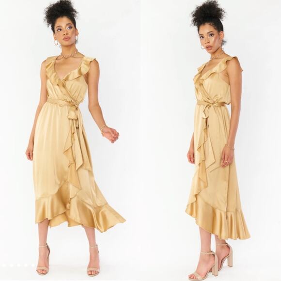 Show Me Your MuMu Dresses & Skirts - Show Me Your Mumu Samantha Ruffle Wrap Dress True Gold Luxe Satin Small